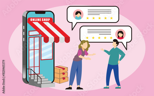 illustration of an ordering system in an online shop with illustration of seller and buyer and their conversations