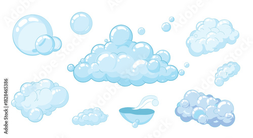 Light blue soap bubbles and fluffy foam elements in various shapes and sizes, perfect for themes of cleanliness, freshness, and bath time.