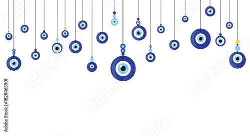 Assorted blue and white evil eye talismans hanging from strings, creating a protective and cultural decorative pattern on a white background.
