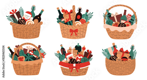 A collection of festive Christmas gift baskets filled with bottles, wrapped presents, and holiday sweets, perfect for seasonal celebrations.
