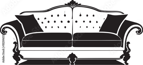 Black silhouette of a tufted sofa with ornate legs