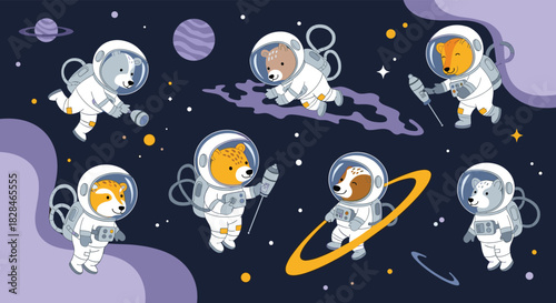 Adorable cartoon bears in astronaut suits exploring the vastness of space, surrounded by planets, stars, and cosmic elements.