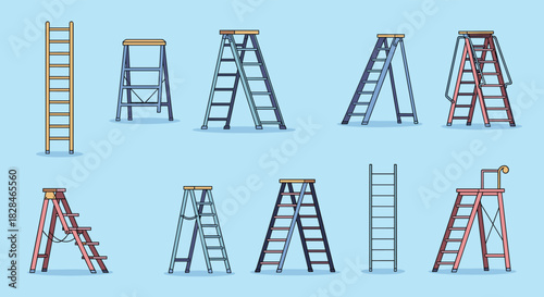 An illustrative collection featuring various types of portable ladders and step stools, showcasing different designs for elevation work.