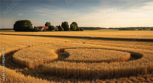 Realistic wheat field landscape stretches under the vast summer sky during harvest season, featuring golden grain, abstract meadow shapes, and a cozy distant farmhouse.
