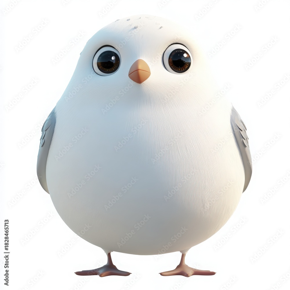 Obraz premium Adorable fluffy white bird with big eyes, perfect for children's books and playful designs, conveying innocence and sweetness, a charming character illustration