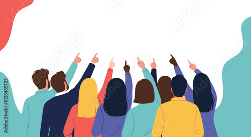 A diverse group of people seen from behind, pointing their fingers upwards towards a blank space, symbolizing shared direction or a future focus.