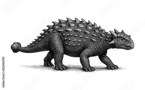 Intricate black and white stippling artwork of ankylosaurus dinosaur with spikes