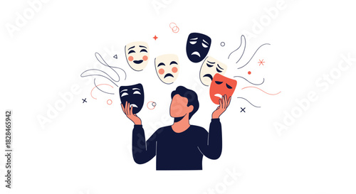 A person holding and surrounded by various theatrical masks representing a range of emotions and potential identities.