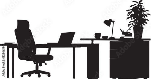 Black silhouette of an office desk with chair and plant