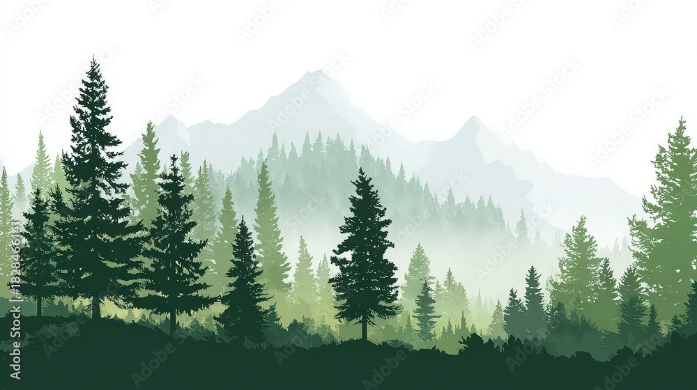 Obraz premium Pixelated Forest Landscape With Mountains And Green Trees Under Foggy Sky