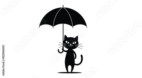 A charming black cat stands upright on a white background, confidently holding a black umbrella overhead, ready for a rainy day adventure.