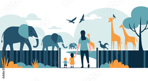 A mother and her two young children visit a zoo, observing elephants, giraffes, and birds in their enclosures, enjoying a fun day out.