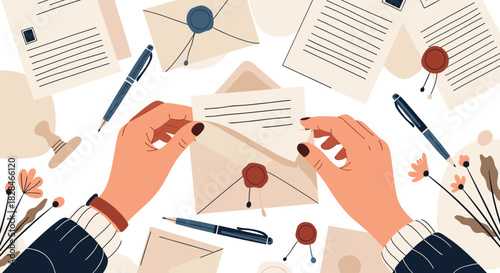Person's hands preparing a letter for mailing, surrounded by correspondence items and elegant stationery on a white background.