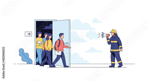 Firefighter directs a group of people evacuating a building through a doorway, potentially during an emergency or drill.