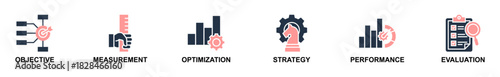 Banner web of KPI icons vector illustration. Concept of objective, measurement, optimization, strategy, performance, and evaluation. Simple solid vector illustration.