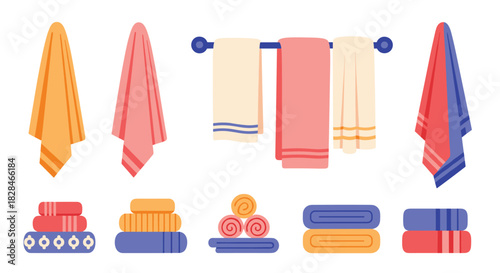A collection of colorful towels presented in various styles, including hanging, folded, and rolled, perfect for bathroom decor or textile concepts.