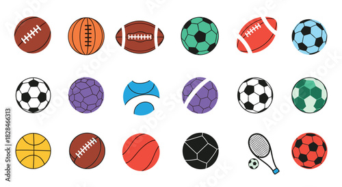A vibrant collection of cartoon-style sports balls and a tennis racket, featuring a variety of common athletic equipment for different games.
