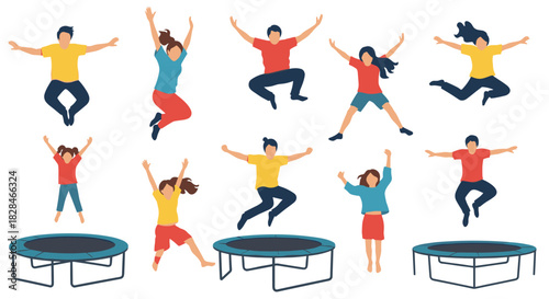 Happy people of different ages jumping enthusiastically, depicting a fun and energetic activity on a trampoline.