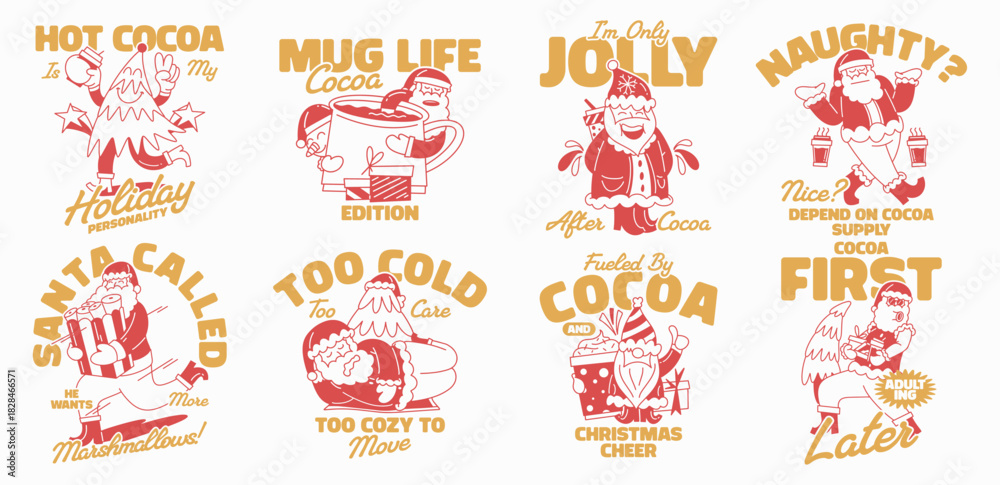 Naklejka premium Christmas hot cocoa cartoon graphic vector illustration, Festive Holiday t-shirt design collection for print, Funny Christmas quotes packs