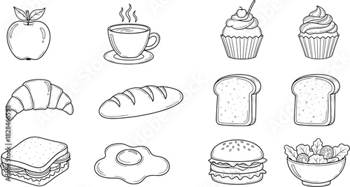 Collection of Hand-Drawn Food and Drink Icons Including Apple, Coffee, Croissant, Bread, Cupcake, Sandwich, Egg, Burger and Salad