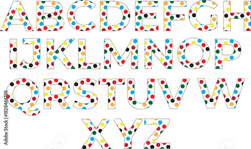 Alphabet letters filled with colorful confetti on white background