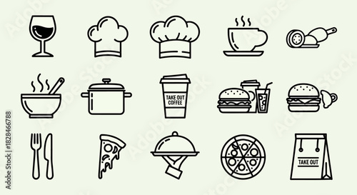 Collection of Food and Drink Icons Including Pizza Burgers Coffee Wine Chef Hats Pot and Take Out Bag Vector Graphics