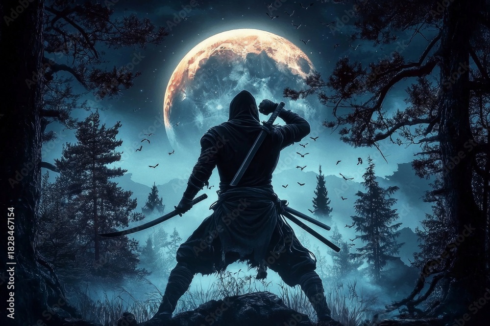 Fototapeta premium The enigmatic presence of a ninja with a striking backdrop of a full moon and black sky.