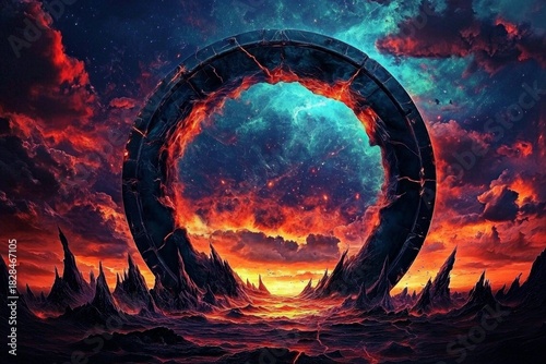 A portal shimmering against a backdrop of vibrant nebulae.