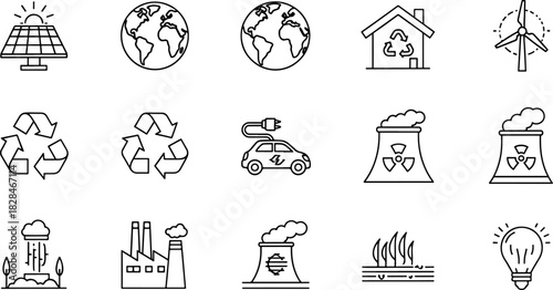Collection of environmental and energy icons including solar panel, recycle, earth, wind turbine, electric car, and light bulb