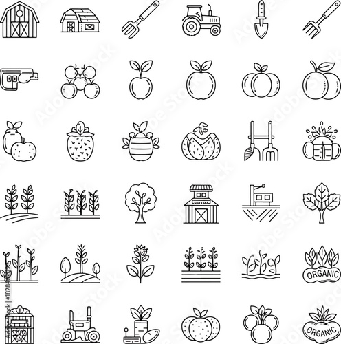 Collection of Farm Barns, Tractors, Fruits, Vegetables, Plants, and Farming Tools Icons on White Background, Organic Farming Symbols