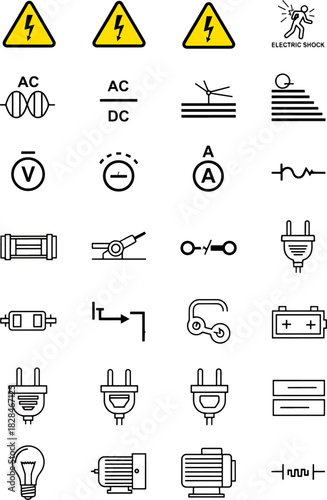 Collection of Electrical Engineering and Safety Icons Including Danger Symbols Power Plugs Fuses and Motors