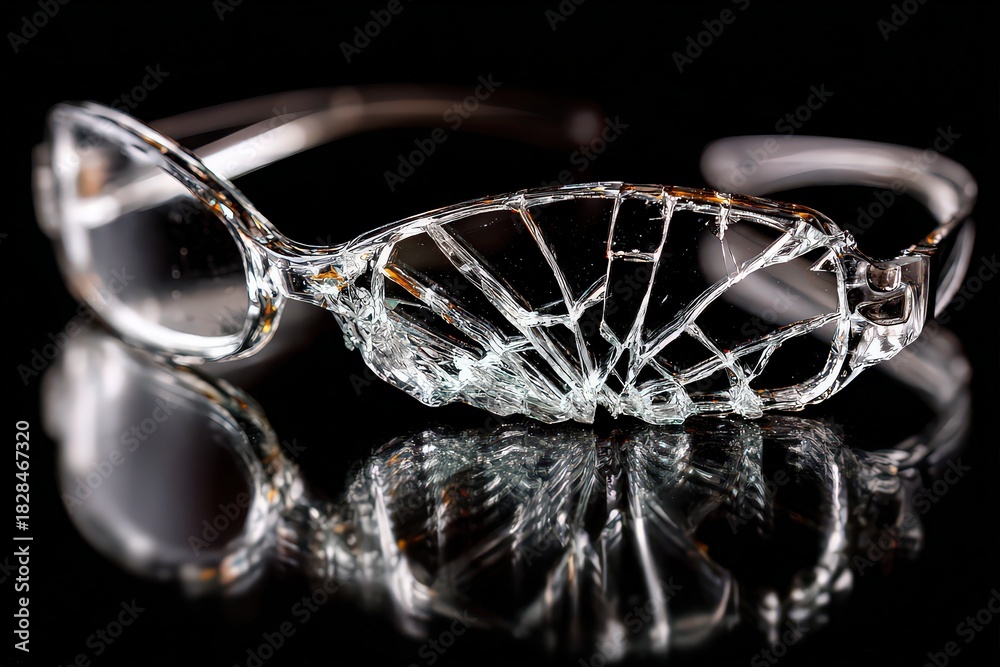 Fototapeta premium Broken Eyeglasses on Black Reflective Surface Abstract Glass Damage Concept Metallic Silver Frames Partially Intact Lens Dramatic Light Accident Repair Needed