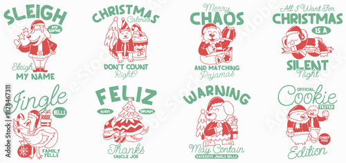 Christmas animals cartoon graphic vector illustration, Festive Holiday t-shirt design collection for print, Funny Christmas quotes packs