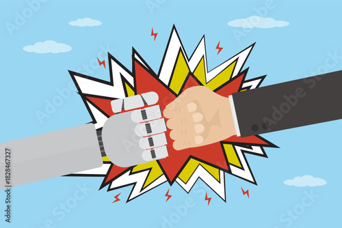 Competitive struggle between robot and human. Rivalry and confrontation. Artificial intelligence versus people. Punch, fists hitting. Robotic machine conflict with person