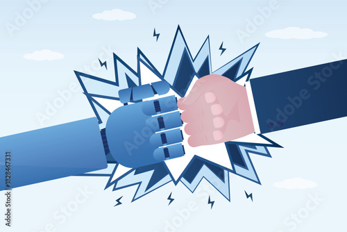 Competitive struggle between robot and human. Rivalry and confrontation. Artificial intelligence versus people. Punch, fists hitting. Robotic machine conflict with person.