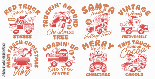 Christmas vintage truck cartoon graphic vector illustration, Festive Holiday t-shirt design collection for print, Funny Christmas quotes packs