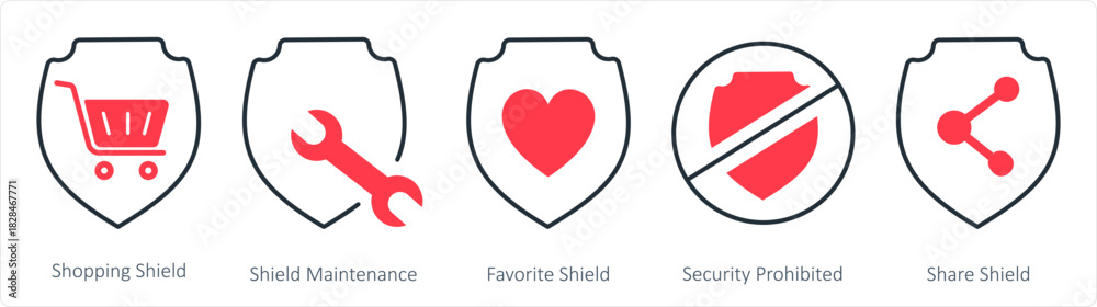 Obraz premium A set of 5 internet icons as shopping shield, shield maintenance, favorite shield