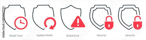 A set of 5 internet icons as shield time, update shield, shield error