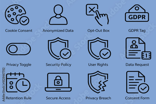 GDPR and data privacy icons, including consent, security, user rights, anonymization, and opt-out symbols, perfect for legal compliance, data protection, and privacy infographic design projects.