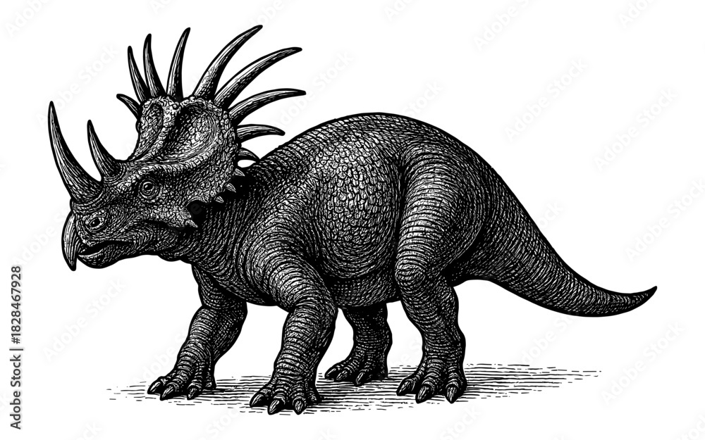 Fototapeta premium Detailed hand-drawn triceratops with spiky frill in vintage engraving style
