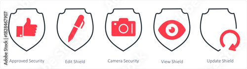 A set of 5 internet icons as approved security, edit shield, camera security