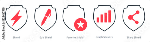 A set of 5 internet icons as shield, edit shield, favorite shield