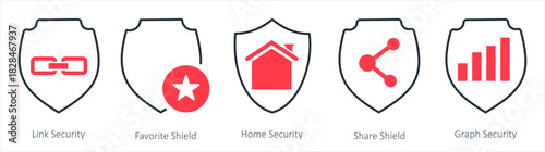 A set of 5 internet icons as link security, favorite shield, home security