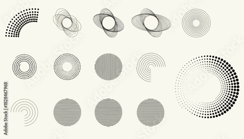 A versatile set of abstract geometric design elements, featuring circular and elliptical shapes with dynamic halftone and line art patterns