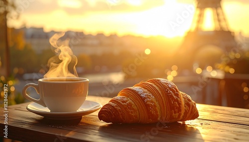 A steaming cup of coffee and croissant sit with the Eiffel Tower in the background.