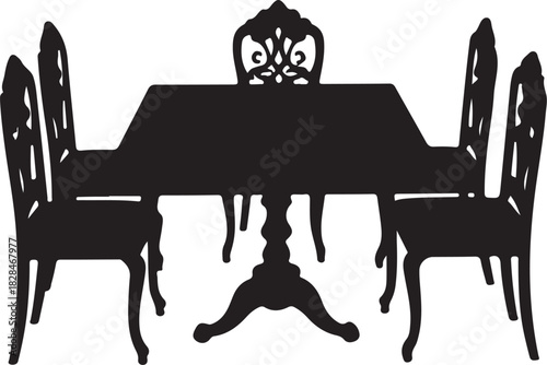 Black silhouette of ornate dining table and chairs