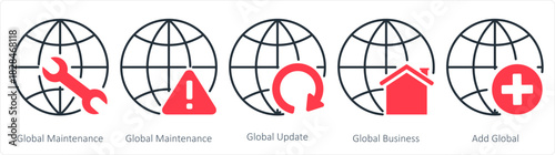 A set of 5 internet icons as global maintenance, global update, global business
