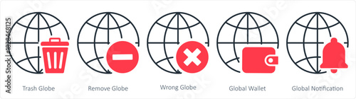 A set of 5 internet icons as trash globe, remove globe, wrong globe