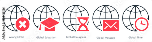 A set of 5 internet icons as wrong globe, global education, global hourglass