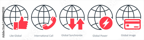 A set of 5 internet icons as like global, international call, global synchronize